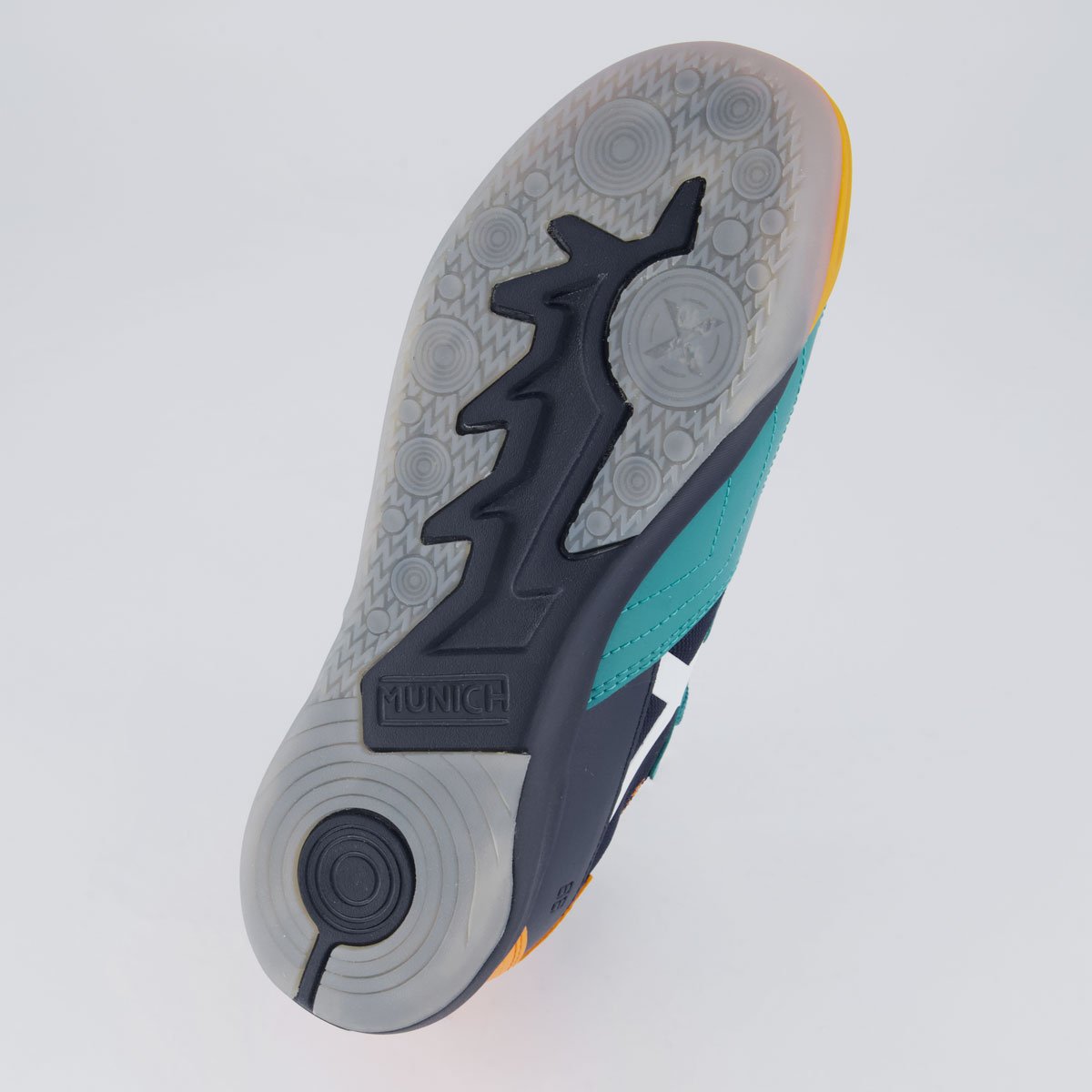 Chuteira Munich New Gresca 2.0 Futsal Azul e Laranja Multicores