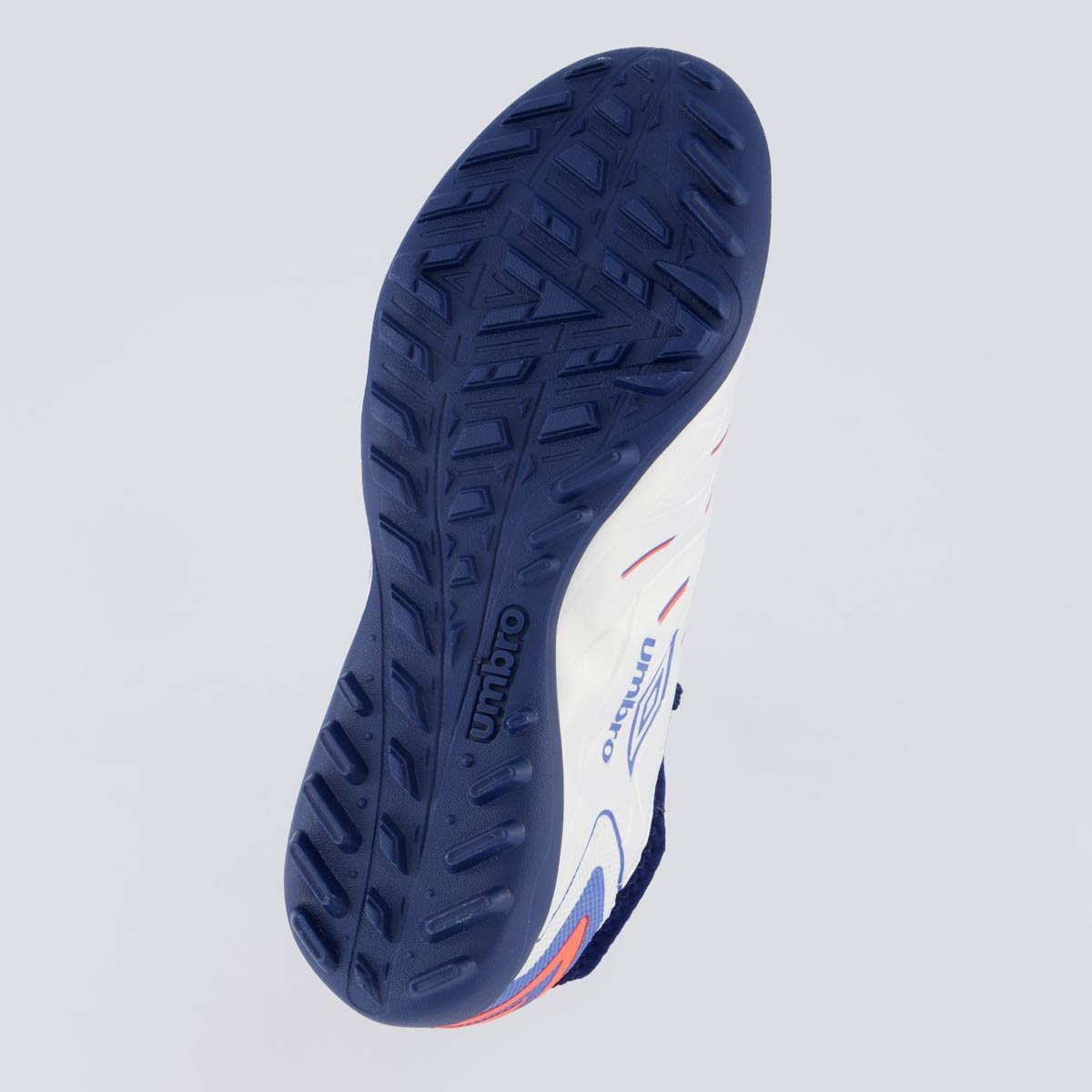 Chuteira Umbro Domain Society Juvenil Prata e Azul Branco/Azul/Laranja 5