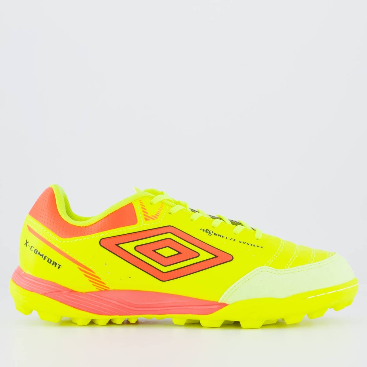 Chuteira Umbro X-Comfort Society Amarela Neon e Coral