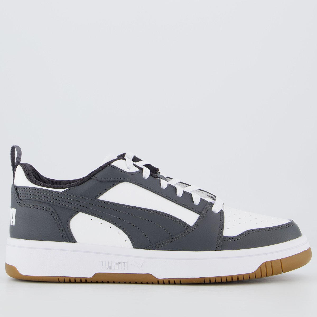 Tênis Puma Rebound V6 LO Juvenil Chumbo e Branco