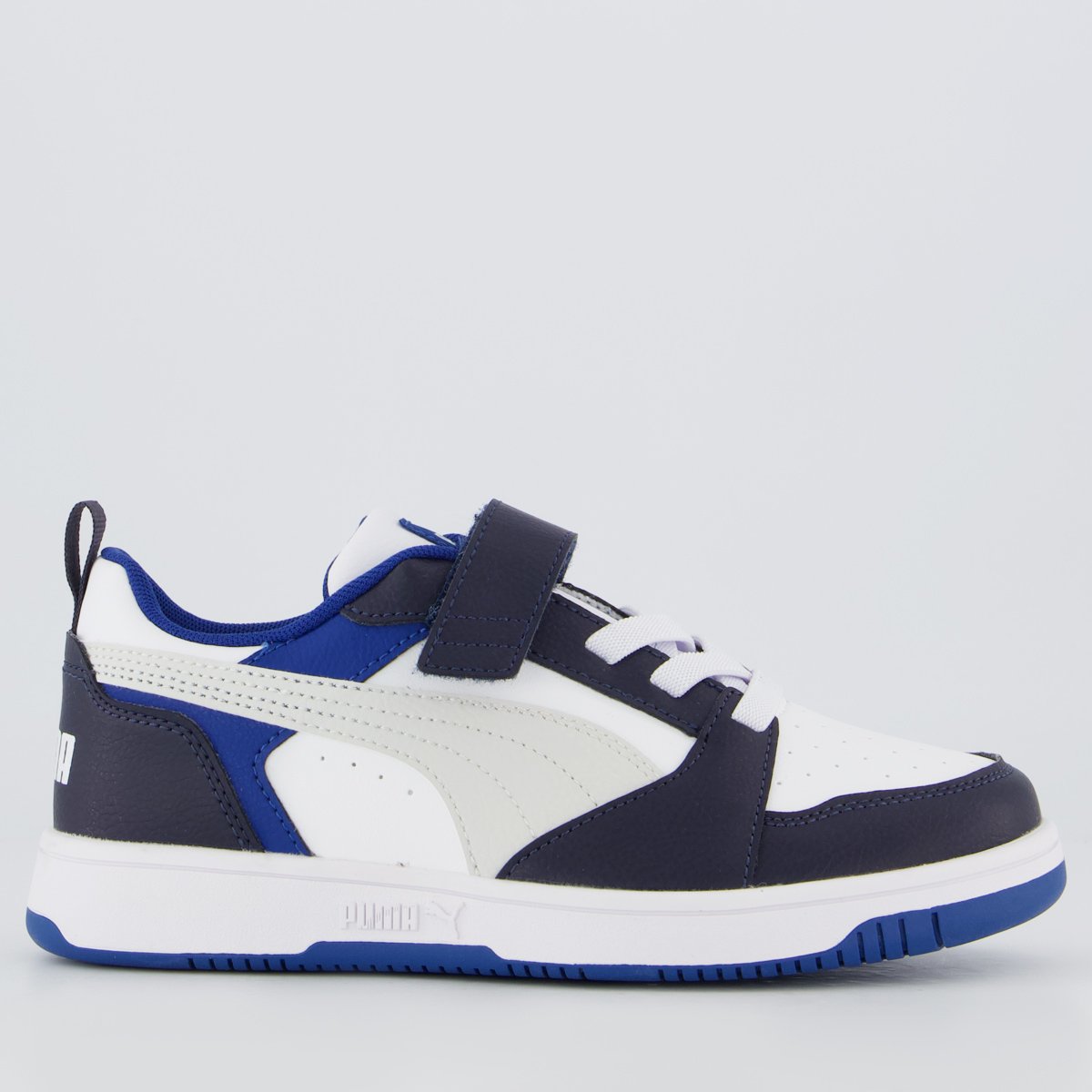 Tênis Puma Rebound V6 LO AC+ PS Juvenil Branco e Azul Marinho