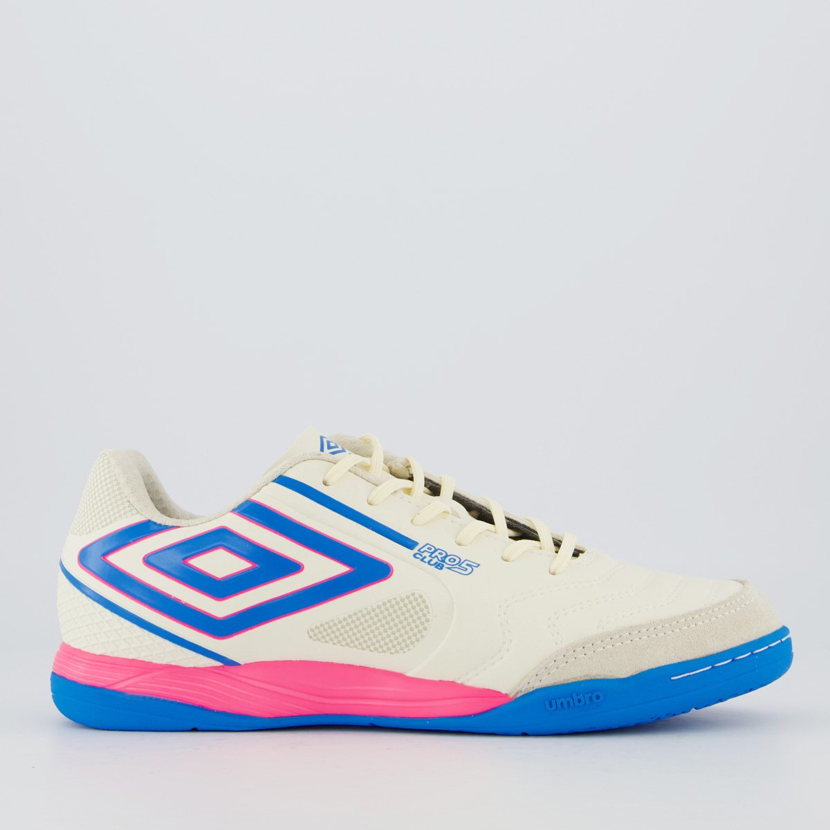 Chuteira Umbro Pro 5 Bump Club Futsal Off White e Rosa