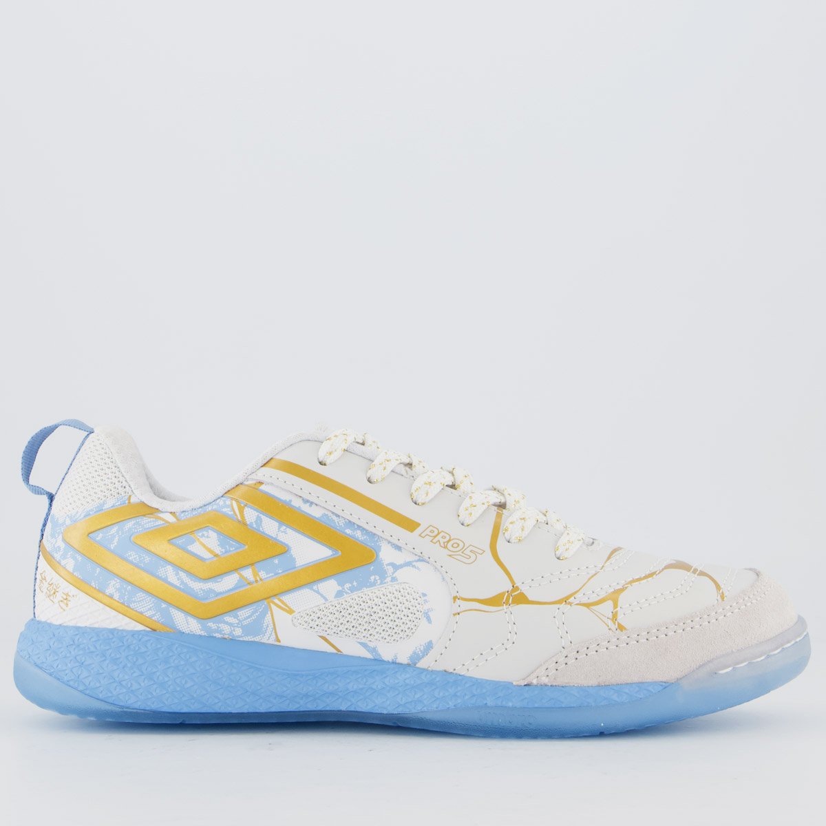 Chuteira Umbro Pro 5 Bump Kintsugi Futsal Branca e Azul
