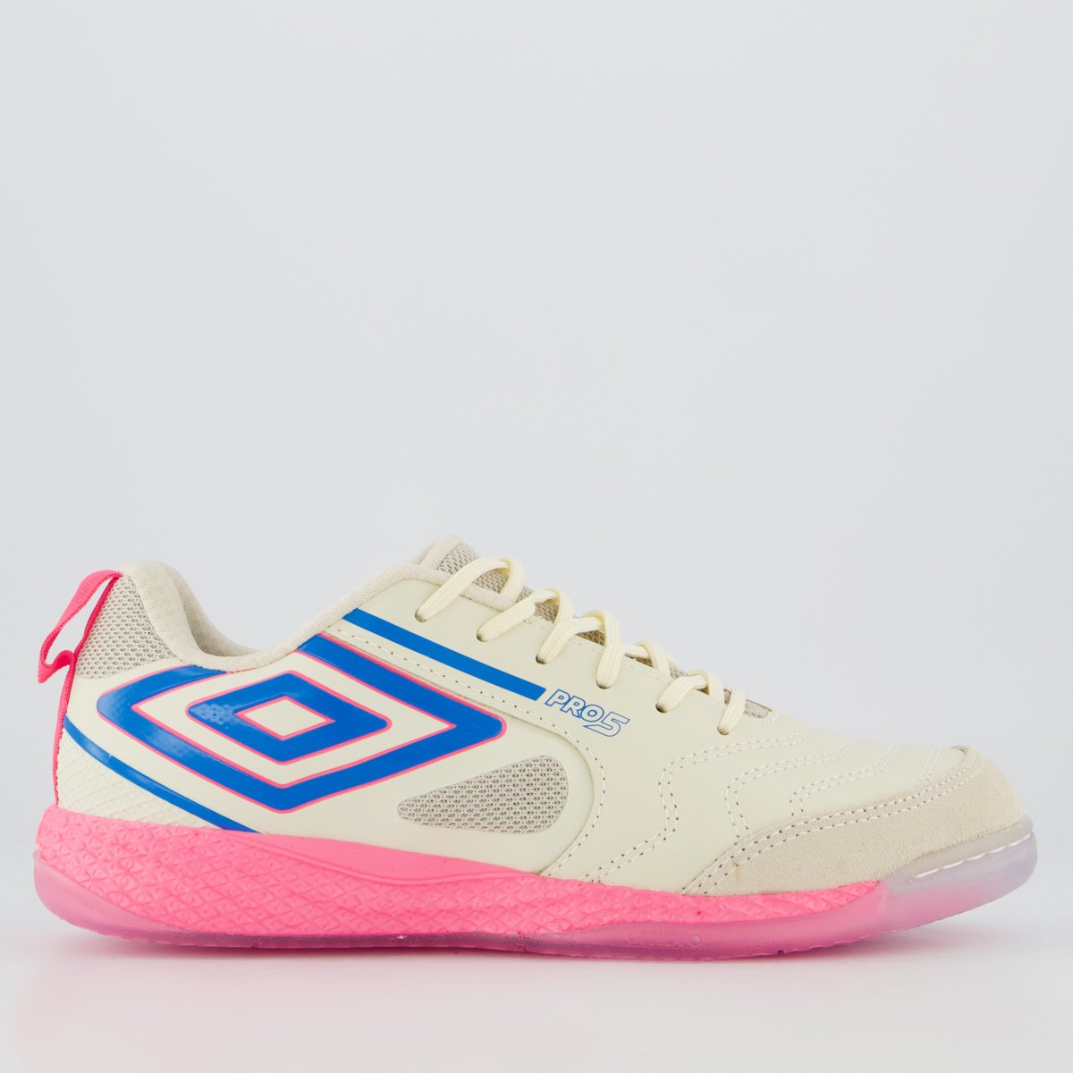 Chuteira Umbro Pro 5 Bump Futsal Off-White e Rosa