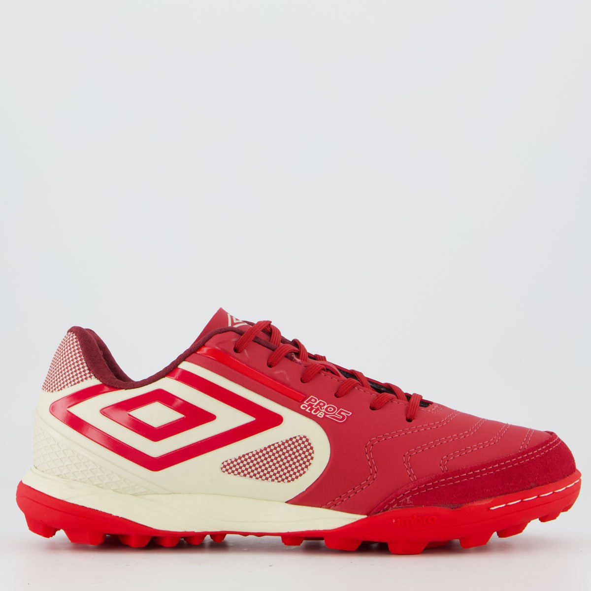 Chuteira Umbro Pro 5 Bump Club Society Branca e Vermelha