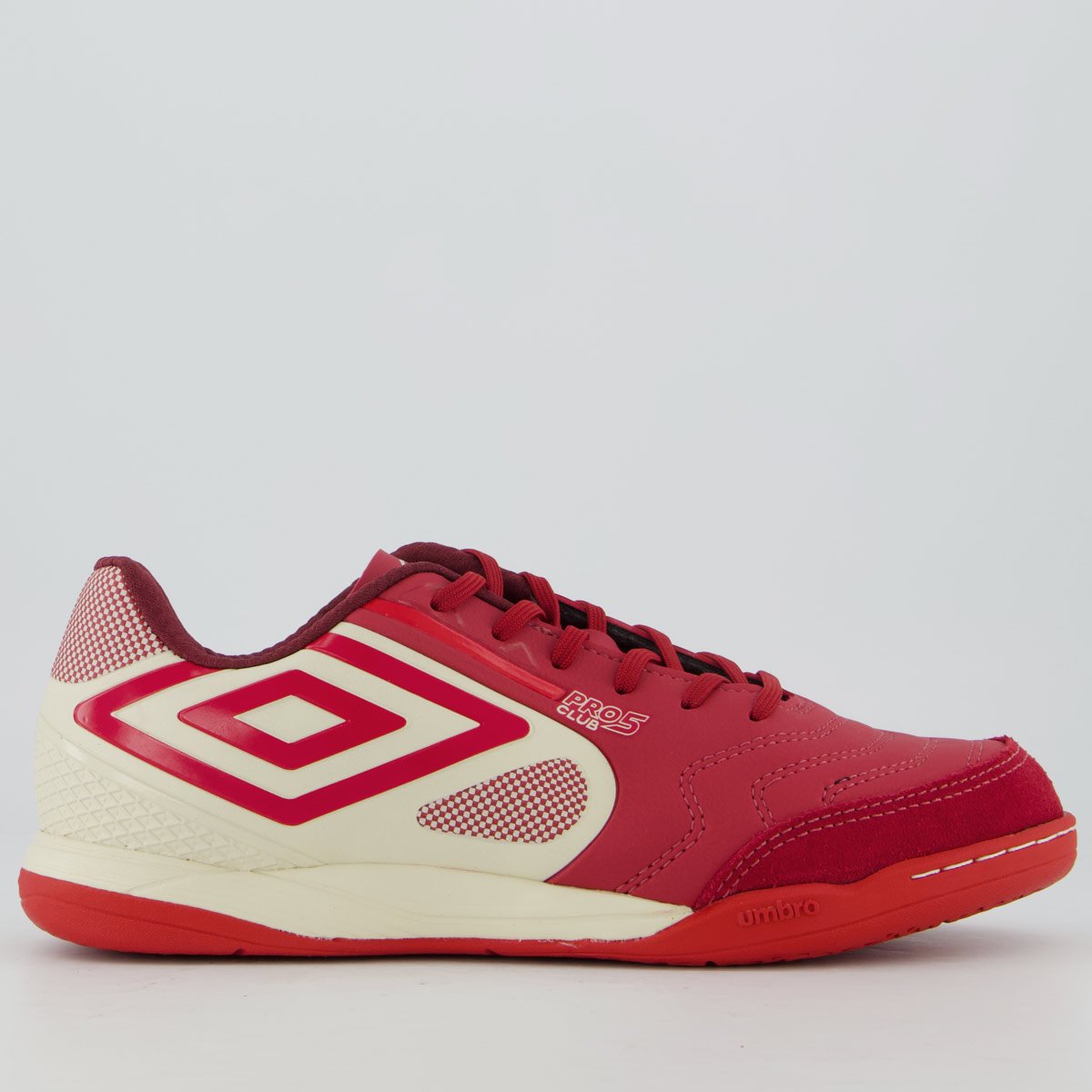 Chuteira Umbro Pro 5 Bump Club Futsal Branca e Vermelha