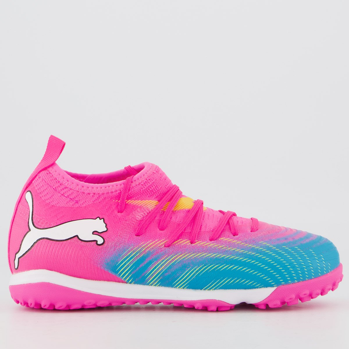 Chuteira Puma Future 9 Match Mid Society Juvenil Rosa e Laranja