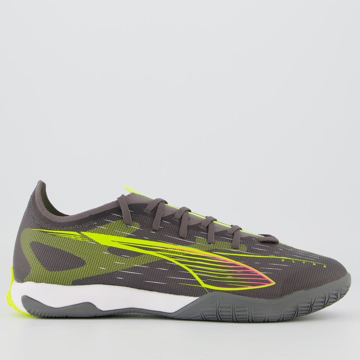 Chuteira Puma Ultra 5 Match IT Futsal Cinza Escuro e Verde Limão