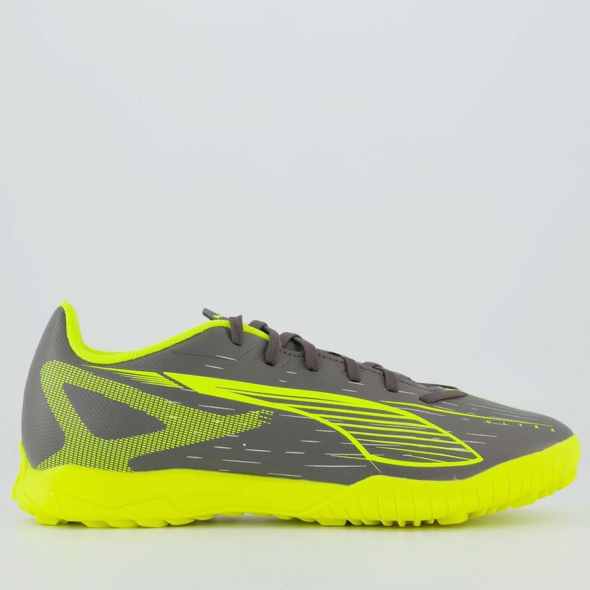 Chuteira Puma Ultra 5 Play Society Cinza e Verde