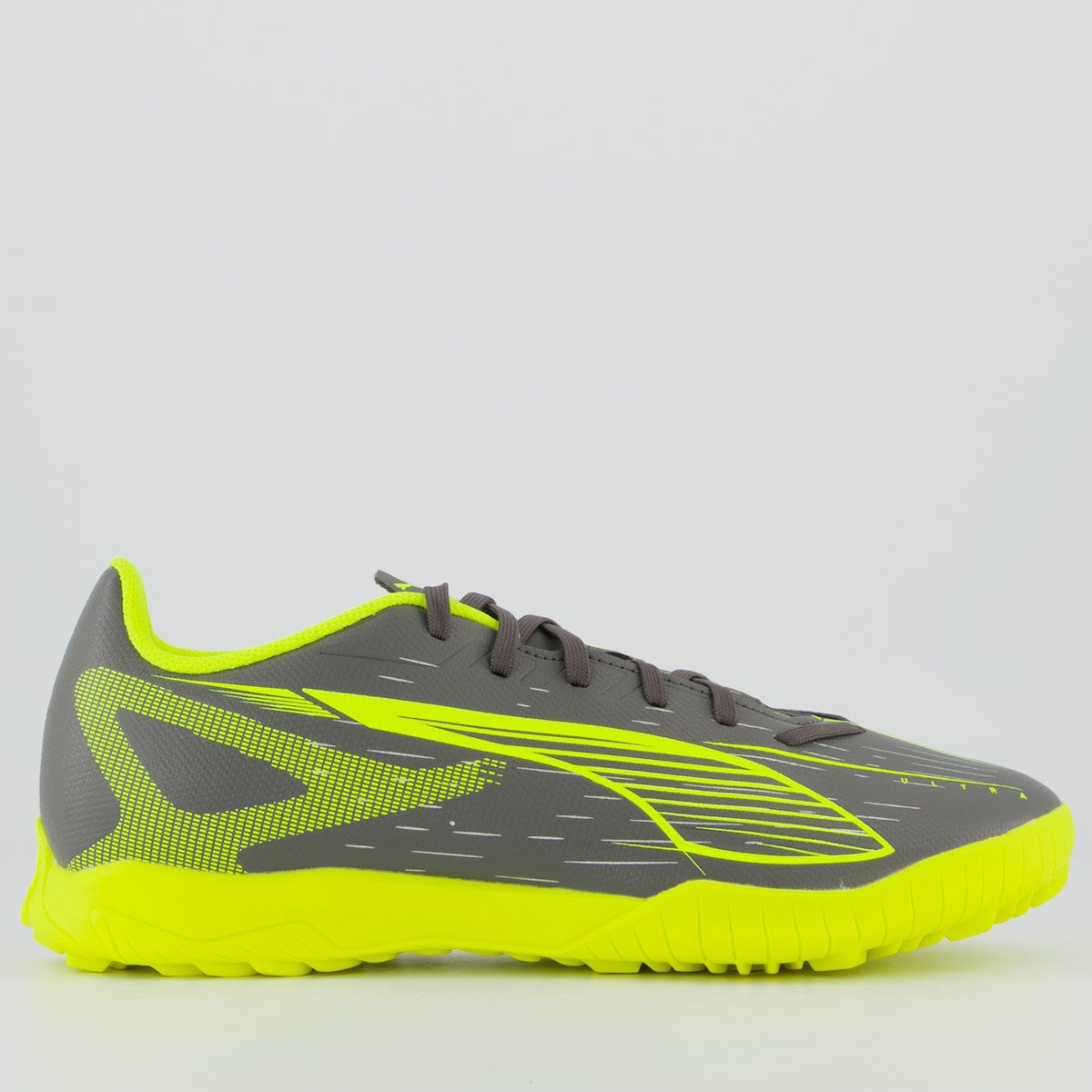 Chuteira Puma Ultra 5 Play Society Cinza e Verde