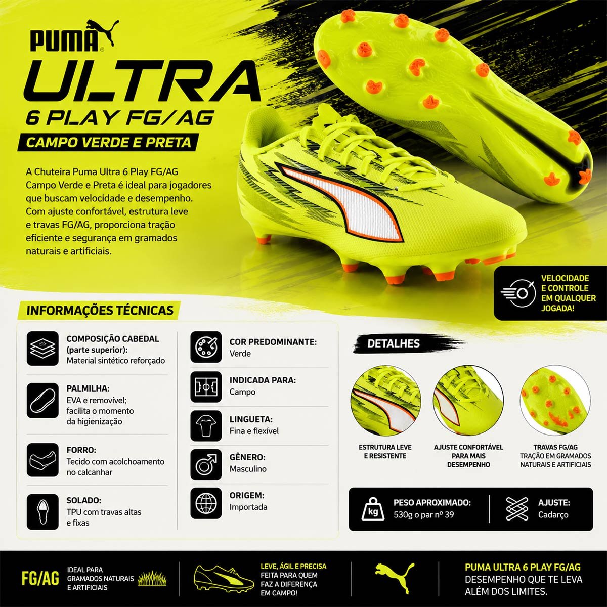 Chuteira Puma Ultra 6 Play FG/AG Campo Verde e Preta Verde 9
