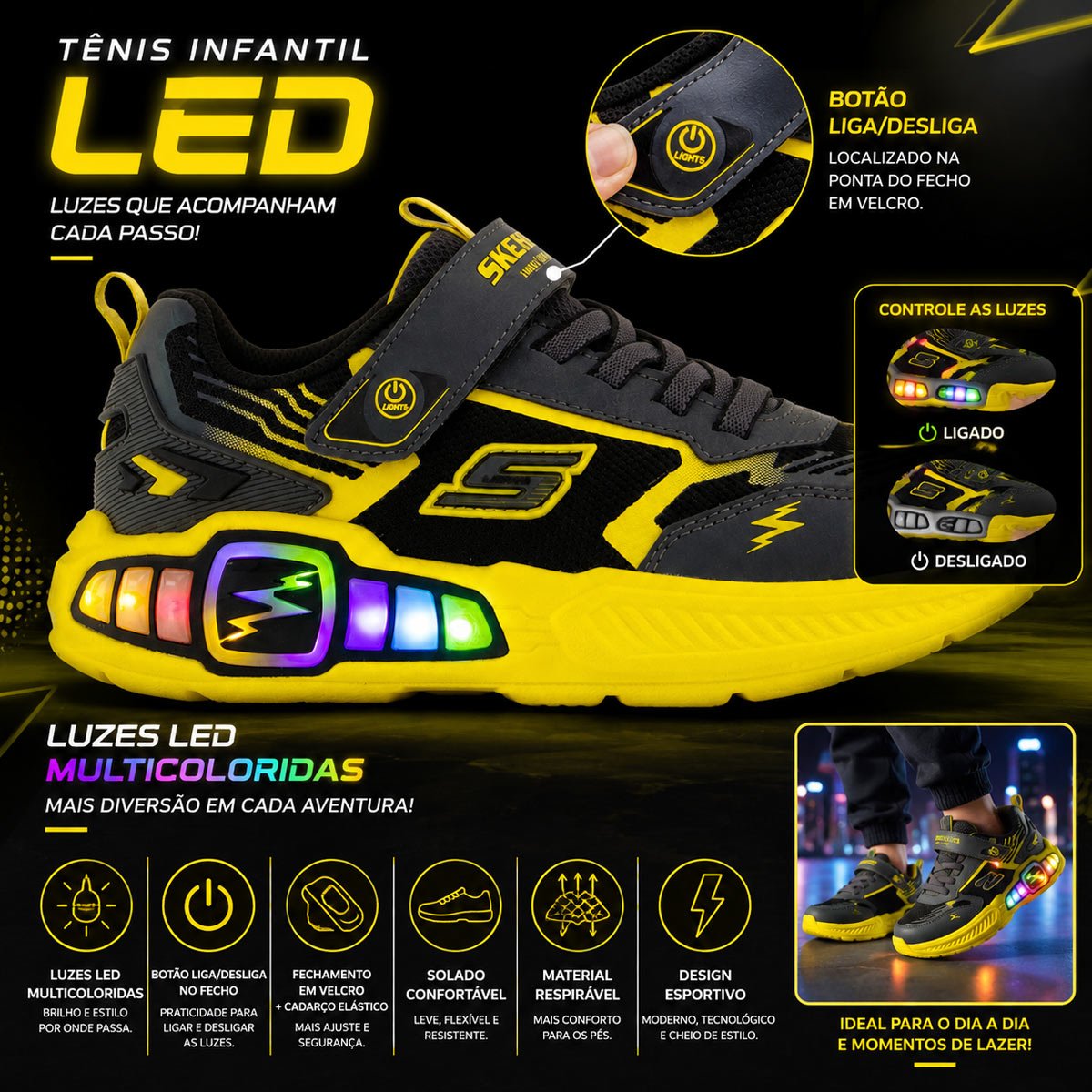 Tênis Skechers Light Storm 3 Infantil Cinza e Amarelo Cinza/Amarelo 9