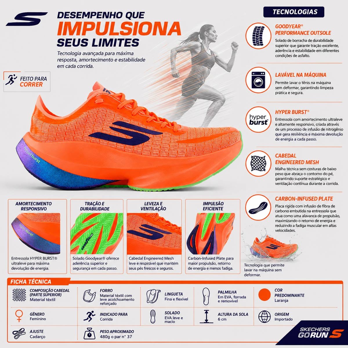 Tênis Skechers SKX Aero Tempo Feminino Laranja Laranja 9