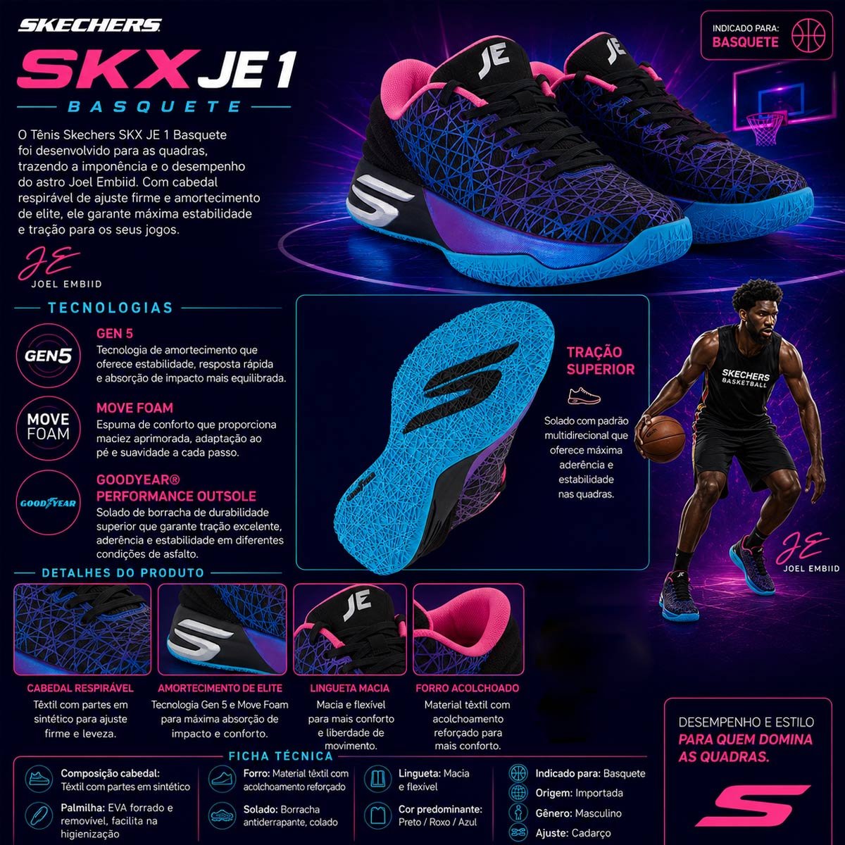 Tênis Skechers JE 1 Preto Preto/Azul 9