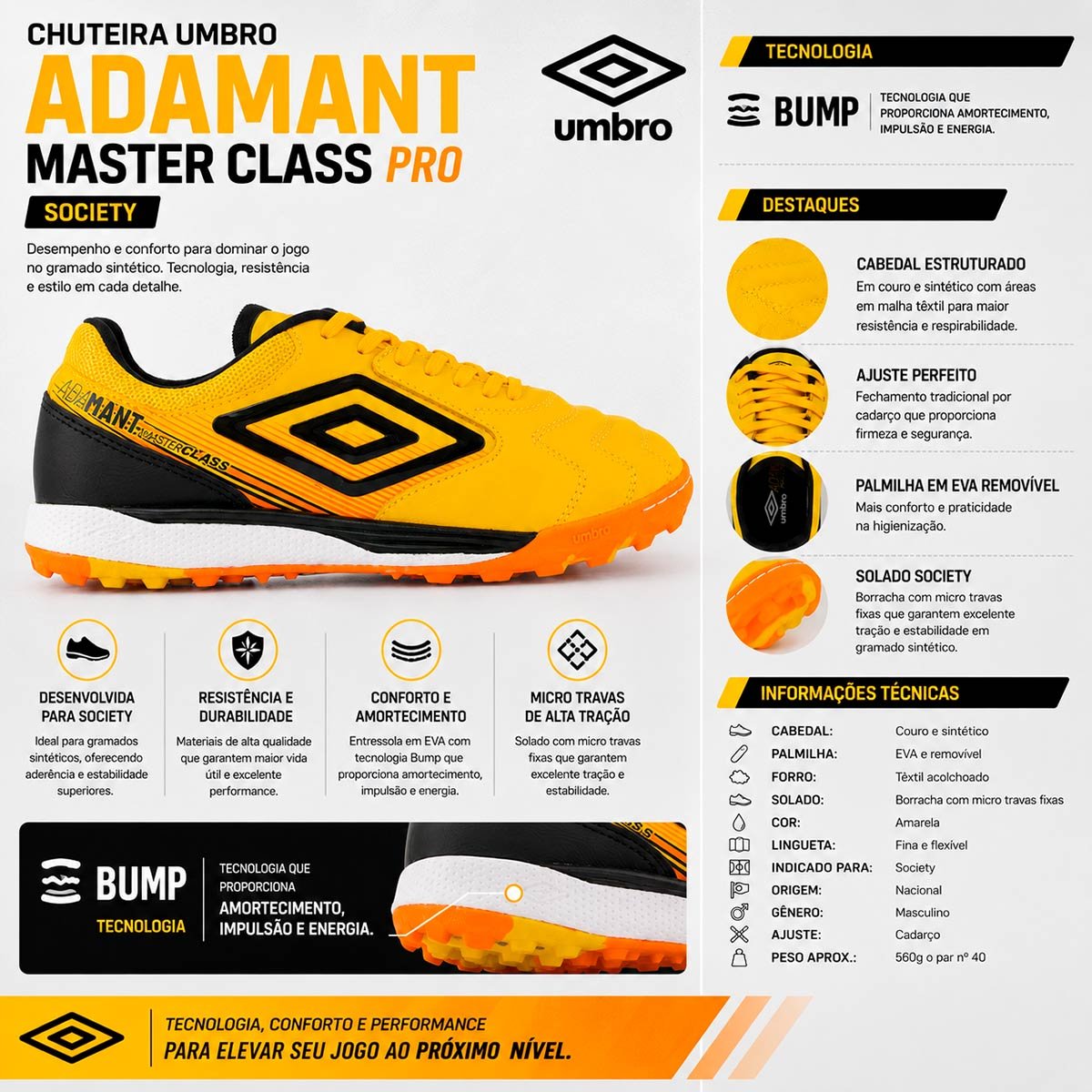 Chuteira Umbro Adamant Master Class Pro Bump Society Amarela e Preta Amarelo 4