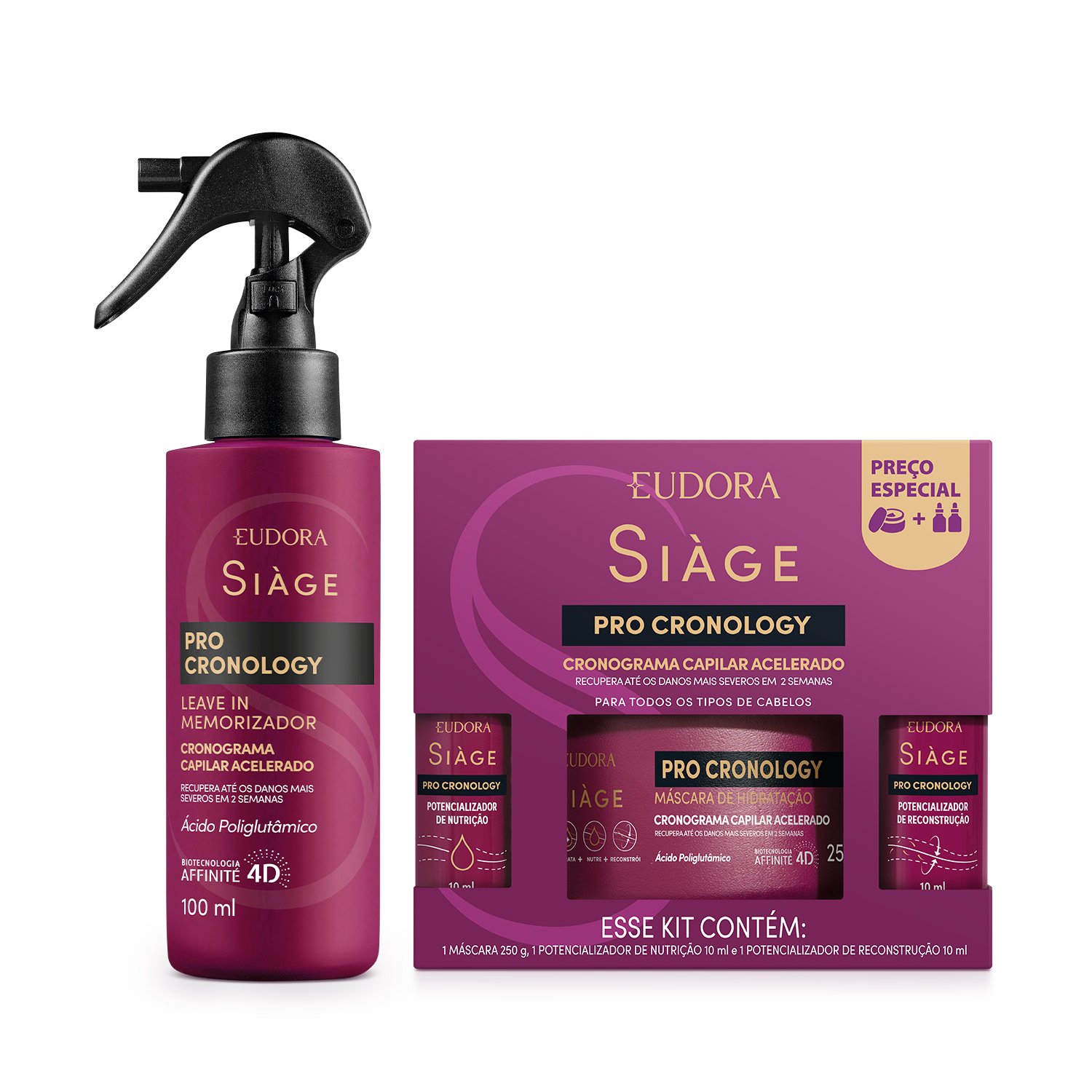 Combo Siàge Pro Cronology: Kit Cronograma Capilar Acelerado + Leave In Memorizador 100ml ÚNICO 1