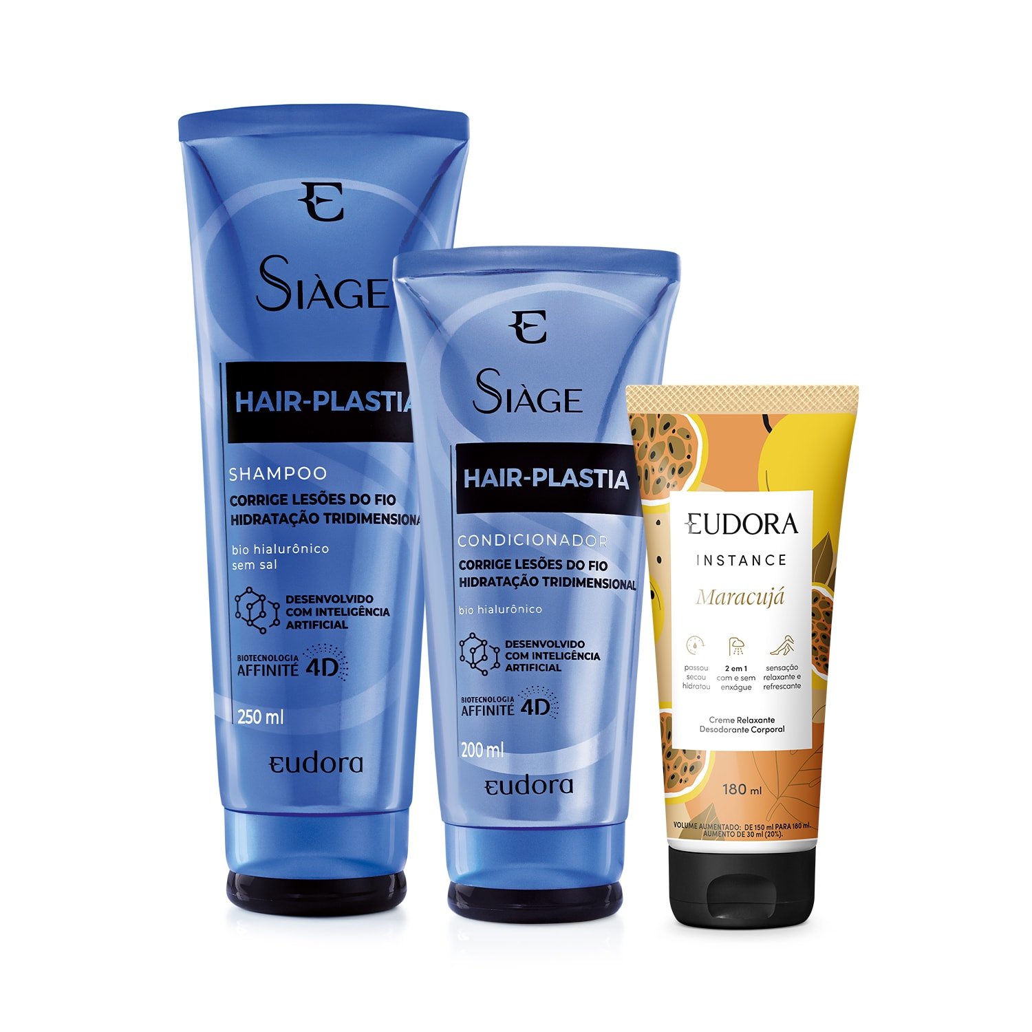 Combo Eudora: Shampoo Hair-Plastia 250ml + Condicionador Hair-Plastia 200ml + Creme Relaxante Corporal Instance Maracujá 180ml ÚNICO 1