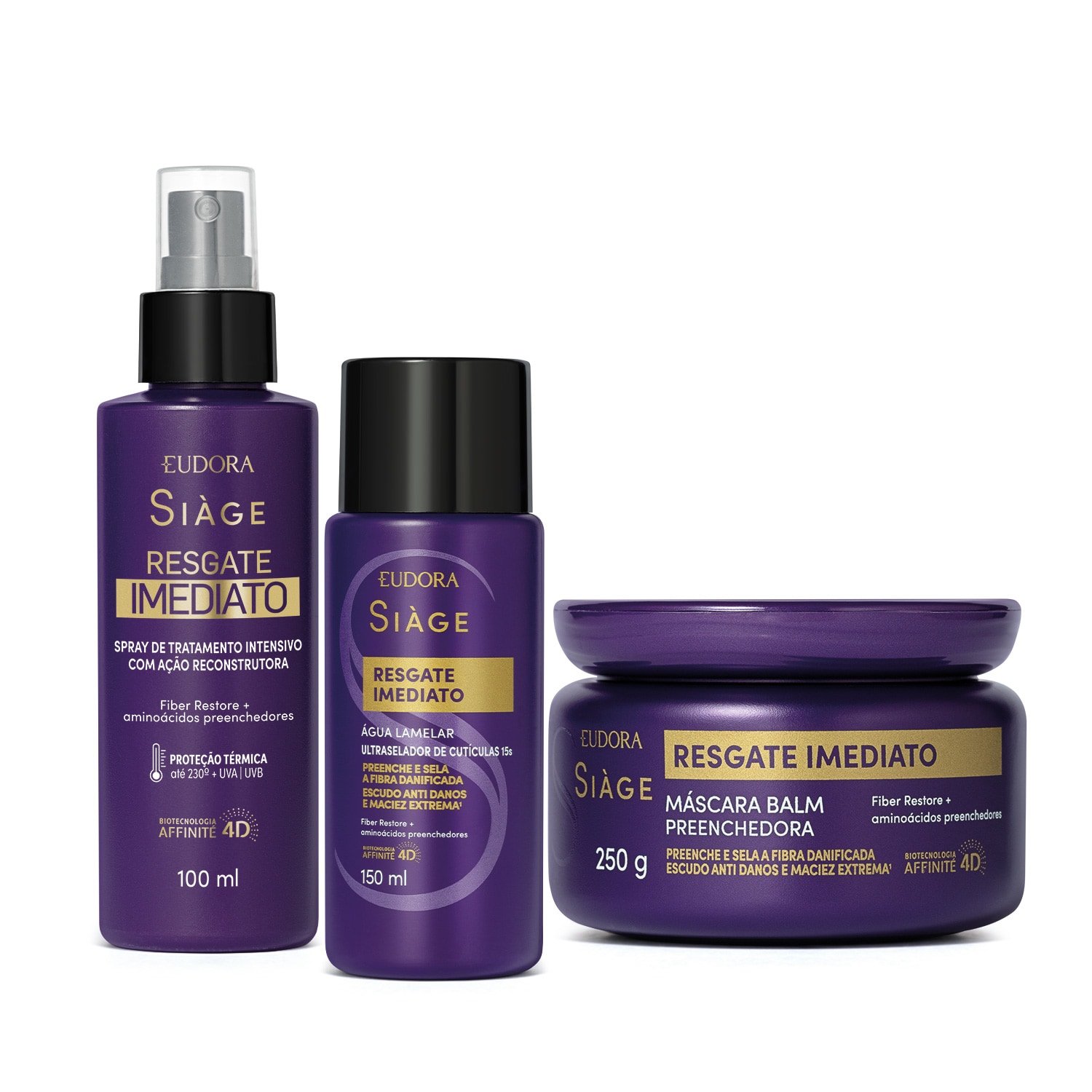 Combo Siàge Resgate Imediato Tratamento: Máscara Capilar 250g + Água Lamelar 150ml + Leave-In 100ml ÚNICO 1