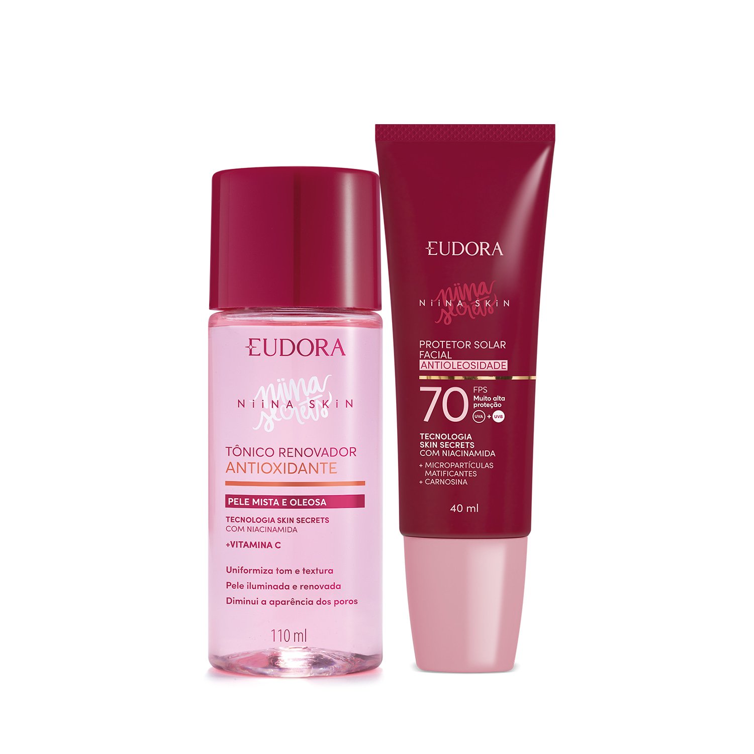 Combo Niina Secrets Skin: Tônico Renovador 110ml + Protetor Solar Facial FPS 70 40ml ÚNICO 1