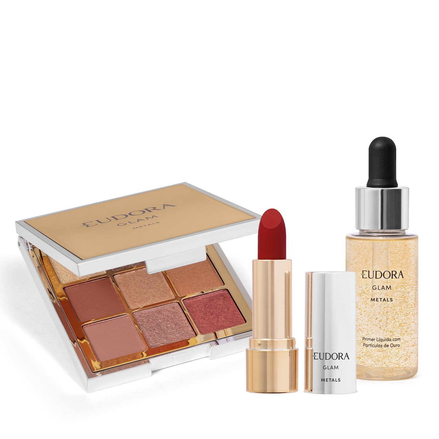 Combo GLAM Metals: Paleta de Sombra 5,85g + Primer Líquido Facial 32ml + Batom Cremoso Vermelho Precioso 3,6g ÚNICO 1