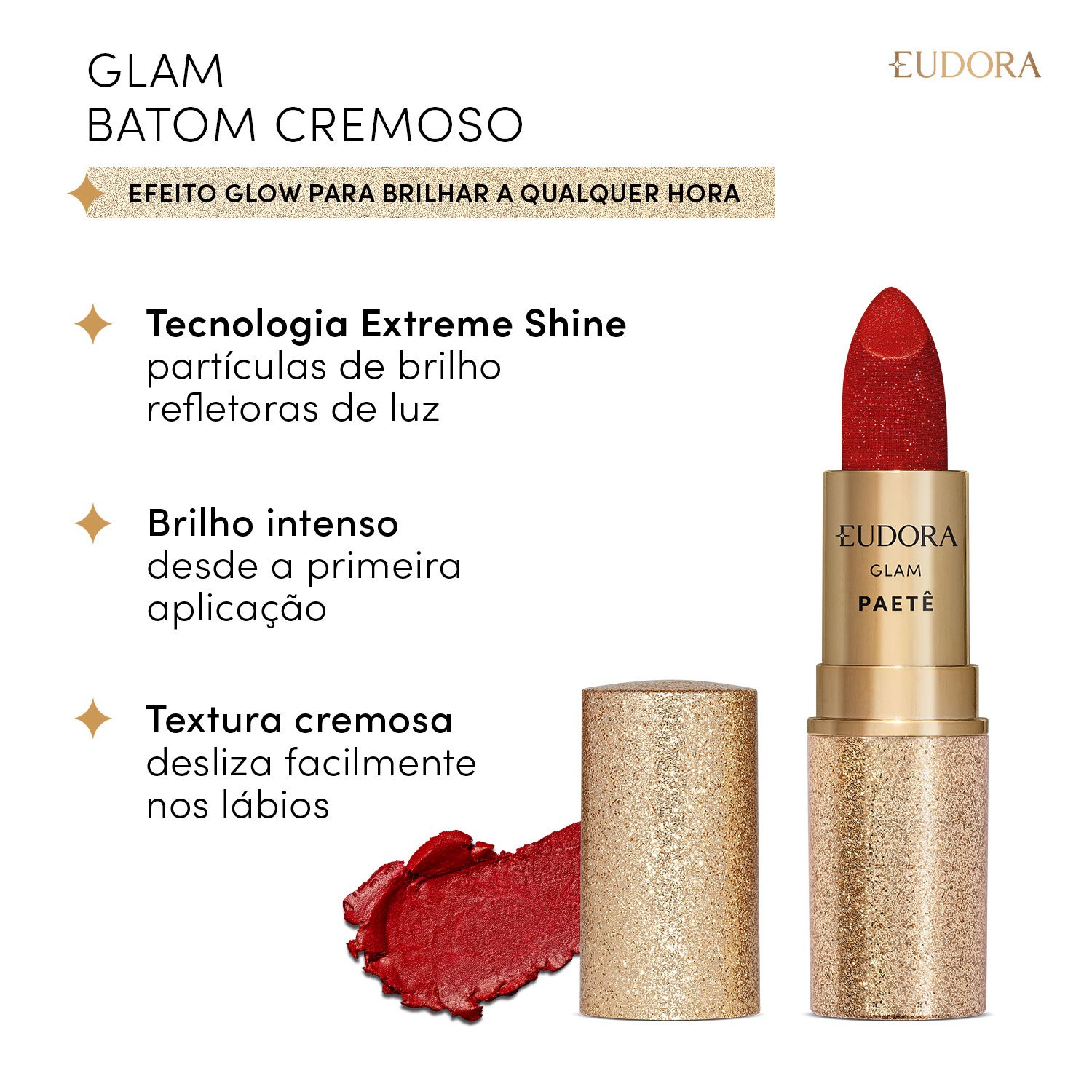 Eudora Batom Cremoso Vermelho Glam Paetê 3g 3g 2