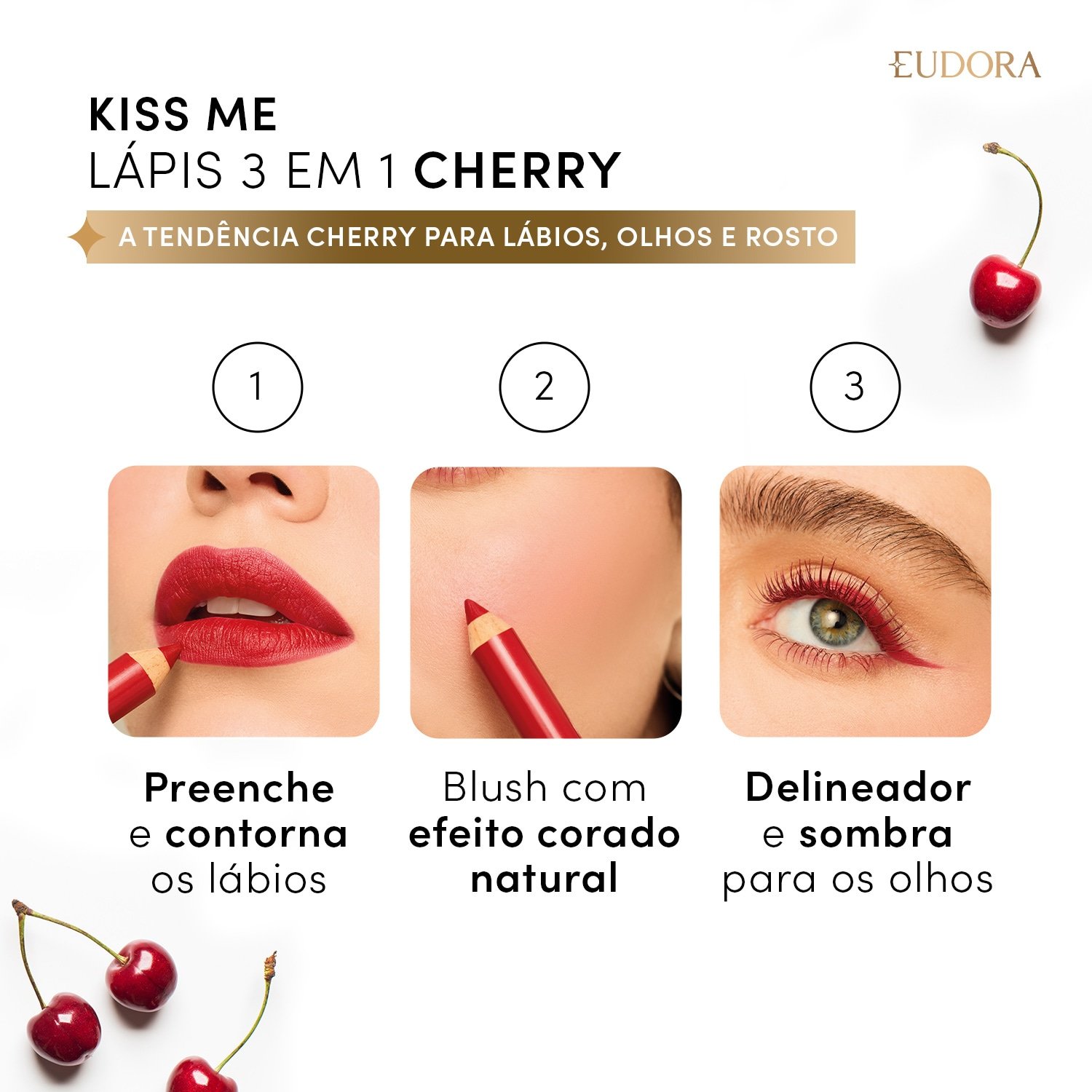 Lápis Multifuncional Vermelho Kiss Me Cherry 3 em 1 1,2g 1,2g 3
