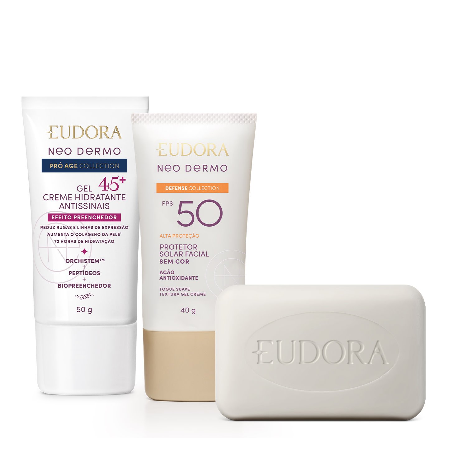 Combo Eudora Neo Dermo: Sabonete Facial 80g + Hidratante Facial 50g + Protetor Solar 40g ÚNICO 1