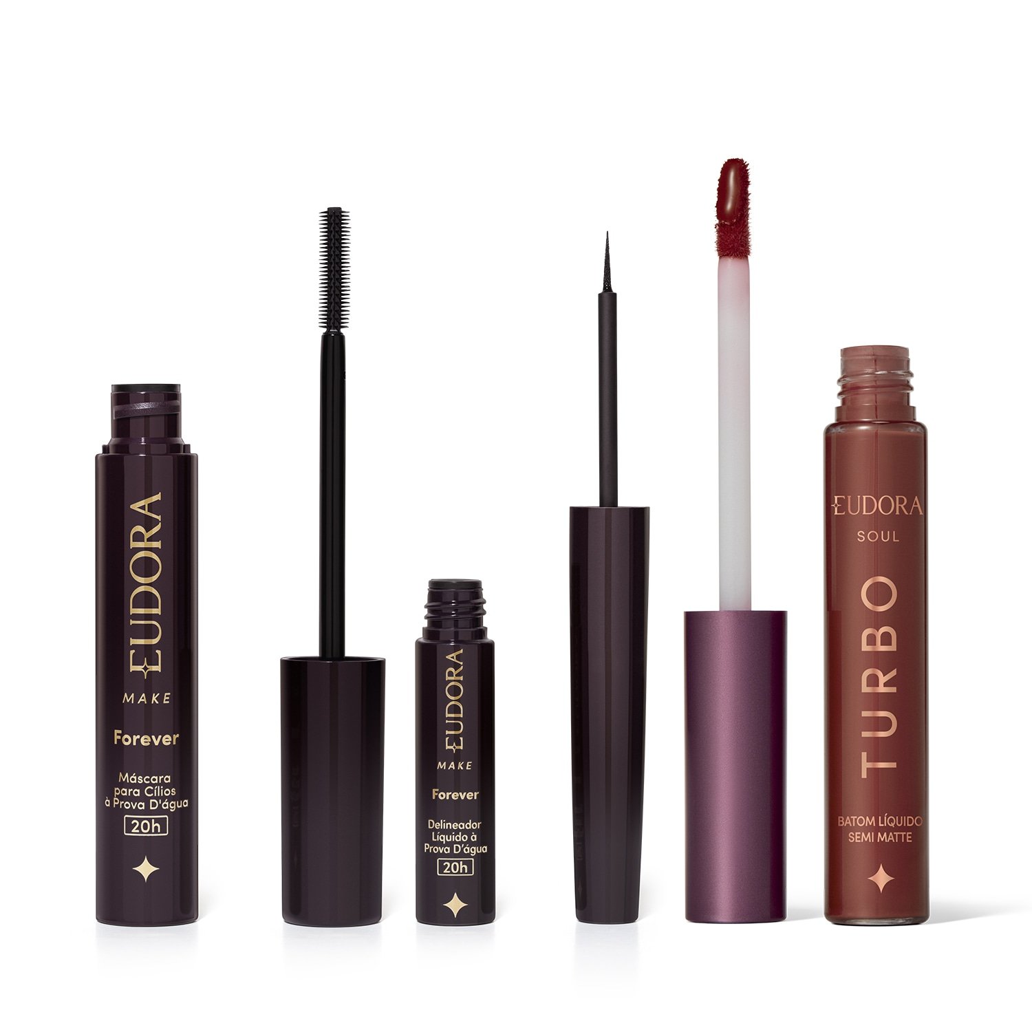 Combo Eudora Make: Batom Líquido Rosa Pink Turbinado 5ml + Máscara Cílios Forever 8g + Delineador Líquido Forever 3ml ÚNICO 1