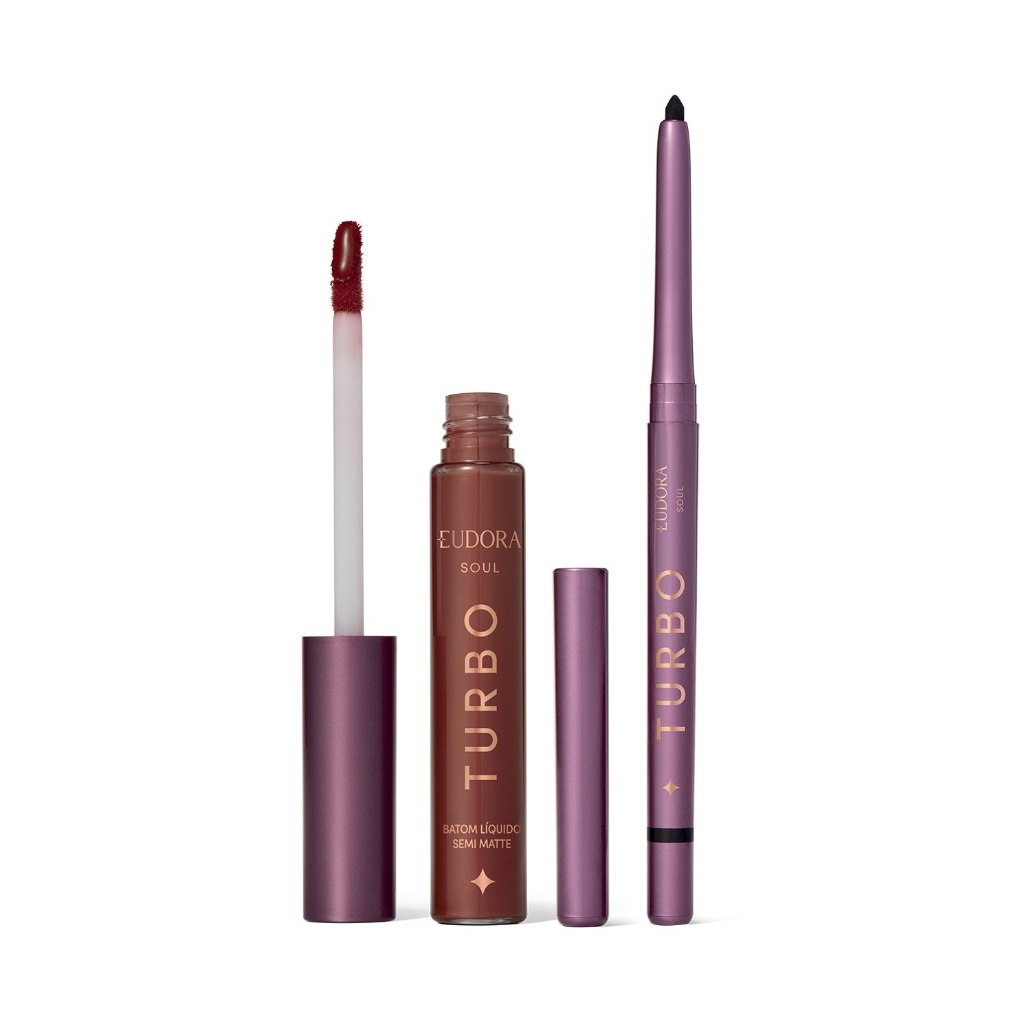 Combo Eudora Make: Batom Líquido Marrom Turbo Soul 5ml + Lapiseira Retrátil Para Olhos Preta Turbo Soul 350mg ÚNICO 1
