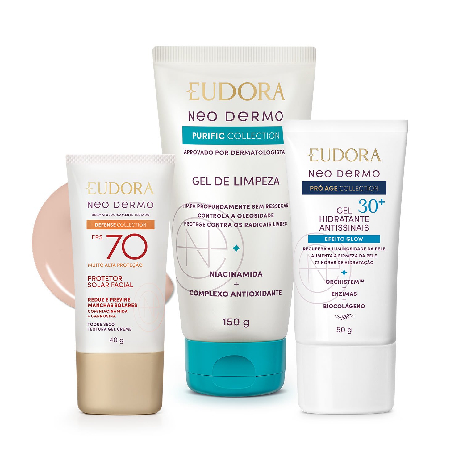 Combo Facial 30+: Protetor Solar Facial Fps 70 Cor 1 40g + Gel Limpeza Purific 150ml + Gel Hidratante Antissinais 30+ 50g + Sacola ÚNICO 1