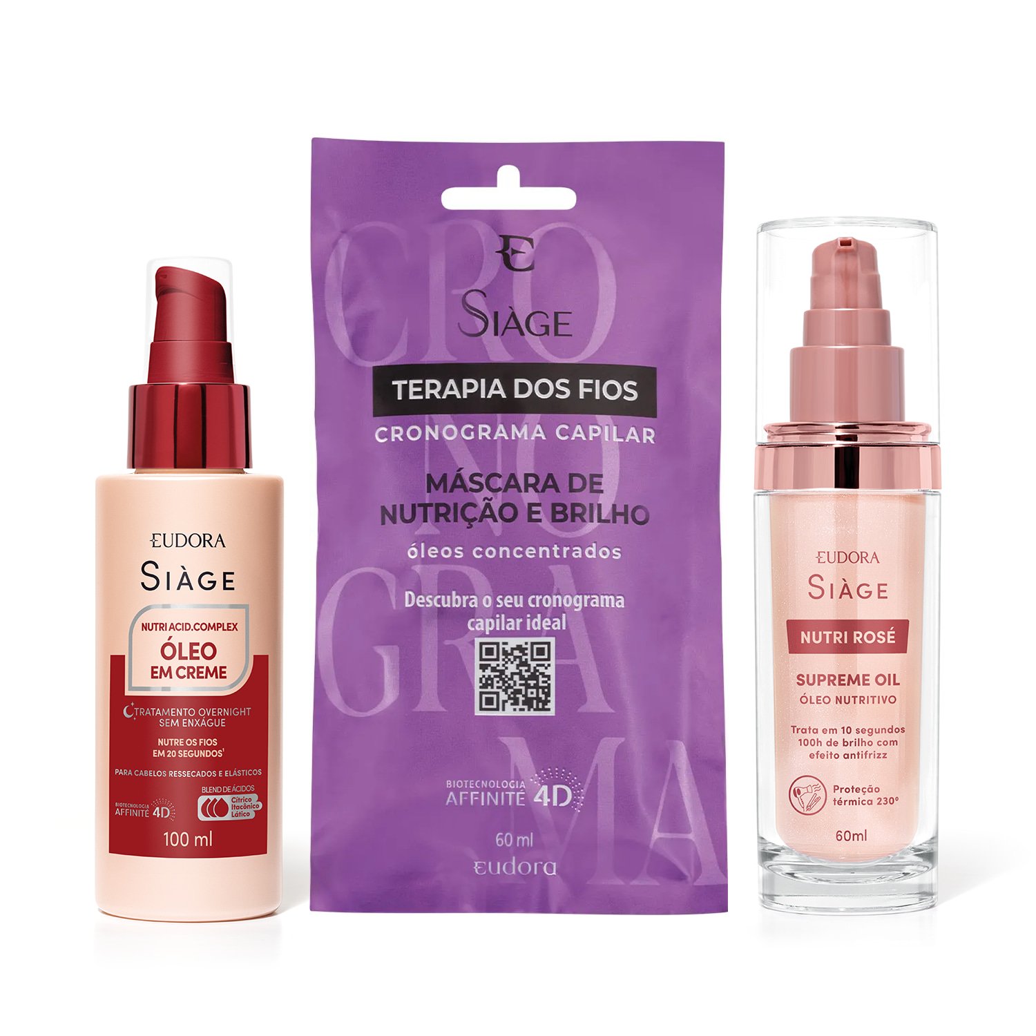 Combo Siàge Nutrição: Óleo Nutritivo 60ml + Óleo em Creme Acid. Complex 100ml + Máscara De Nutrição 60ml