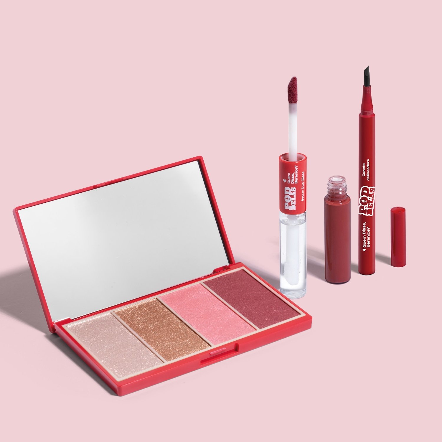 Combo QDB Pod Delas: Paleta Multifuncional 14,2g + Caneta Delineadora Preto 1,2ml + Batom Duo Gloss Vermelho se Inscreve 8ml ÚNICO 1