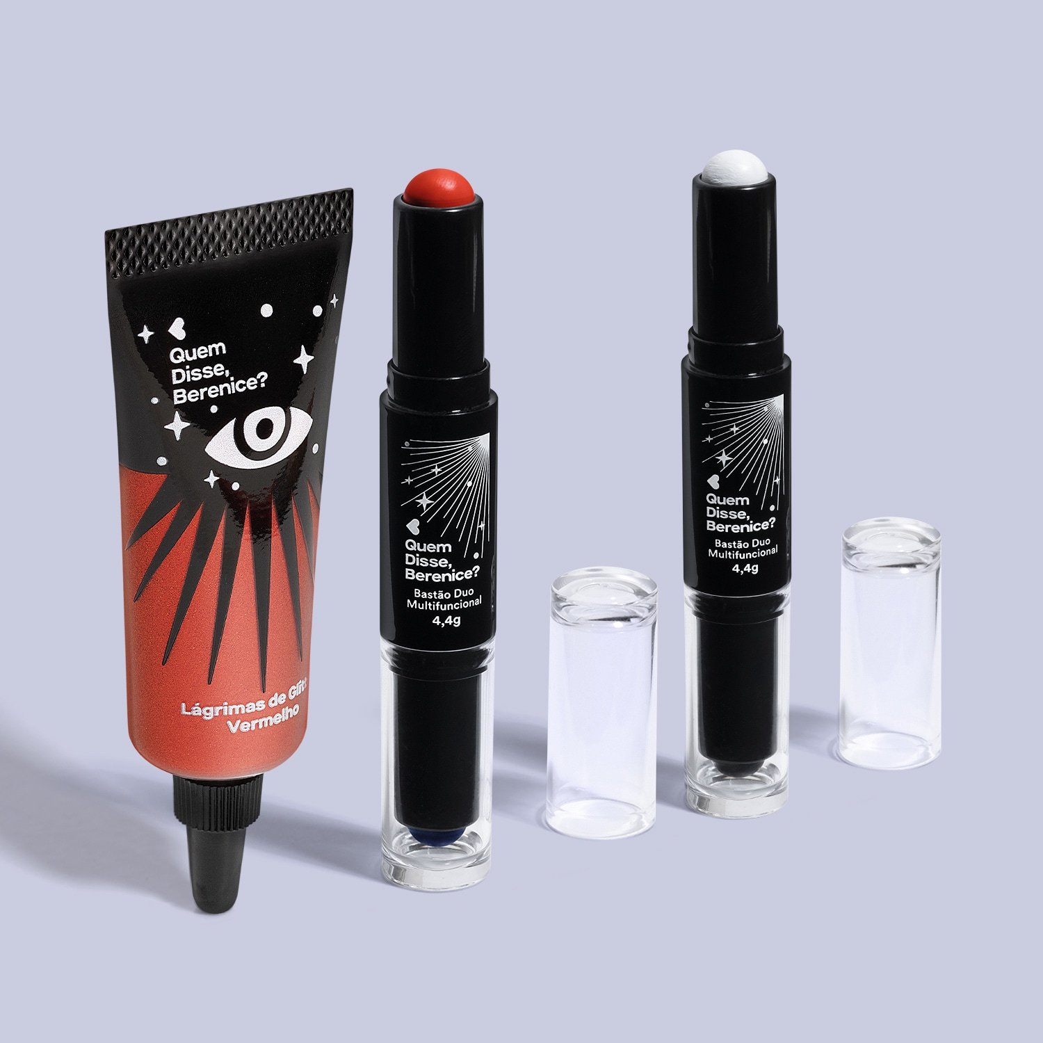 Combo Halloween QDB: Lágrimas de Glitter Vermelho 9ml + Bastão Duo Laranja e Roxo QDB 4,4g + Bastão Duo Preto e Branco 4,4g ÚNICO 2