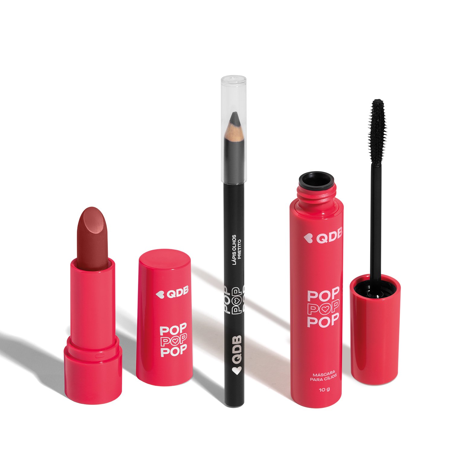 Combo POP: Máscara Para Cílios 10g + Lápis Preto Para Olhos 1,1g+ Batom Marrom Nude Avelã 3,6g