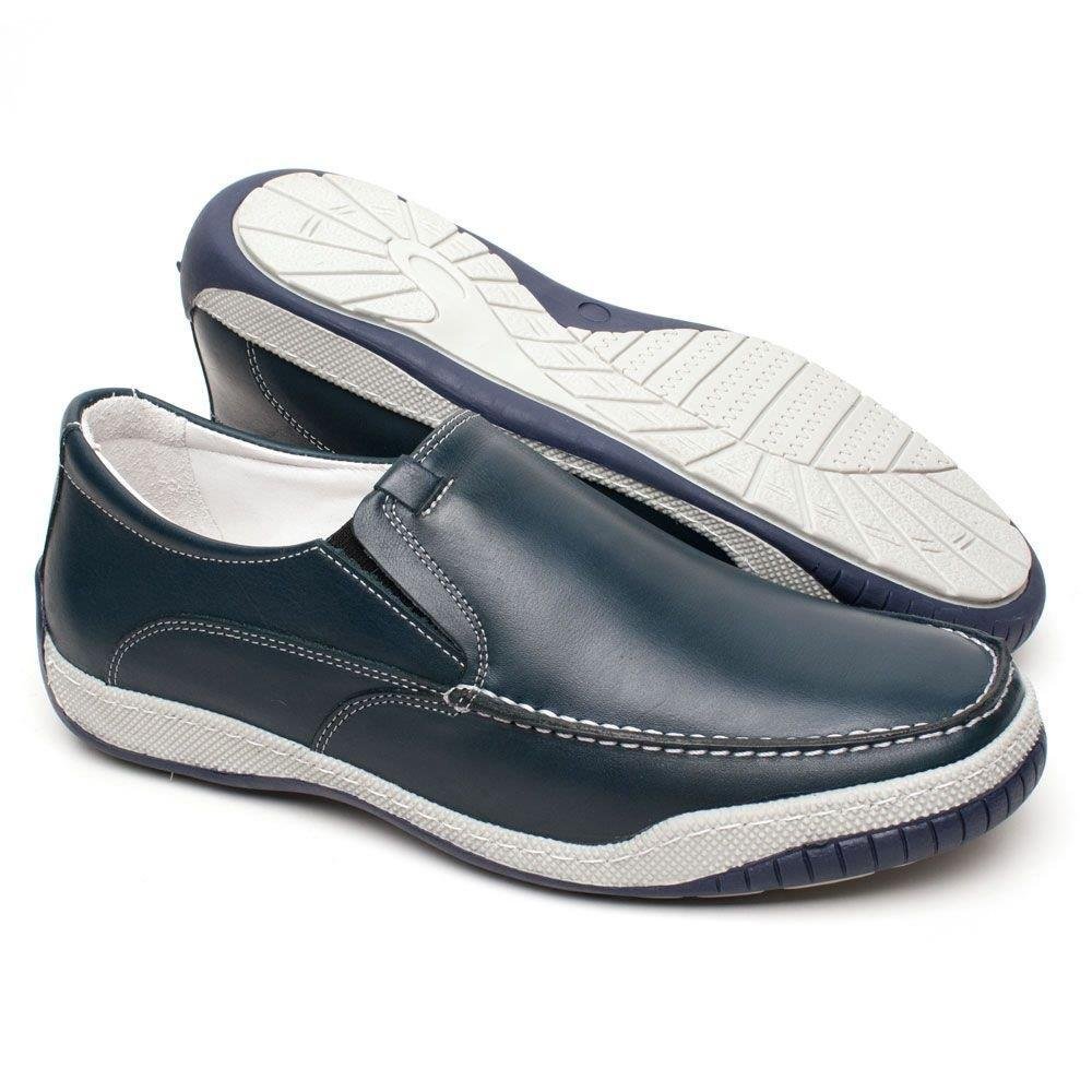 Sapatênis Confort Masculino Couro Slip On Conforto Casual Azul 3