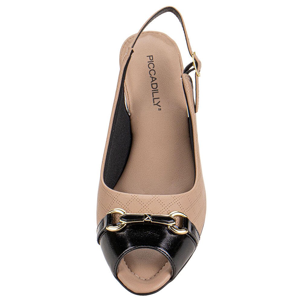 PEEP TOE FEMININO SALTO GROSSO PICCADILLY 114157 Bege/Preto 5