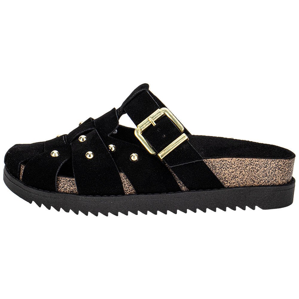 SAPATO FEMININO MULE FLAT MOLECA 5500118 Preto/Camurça 2