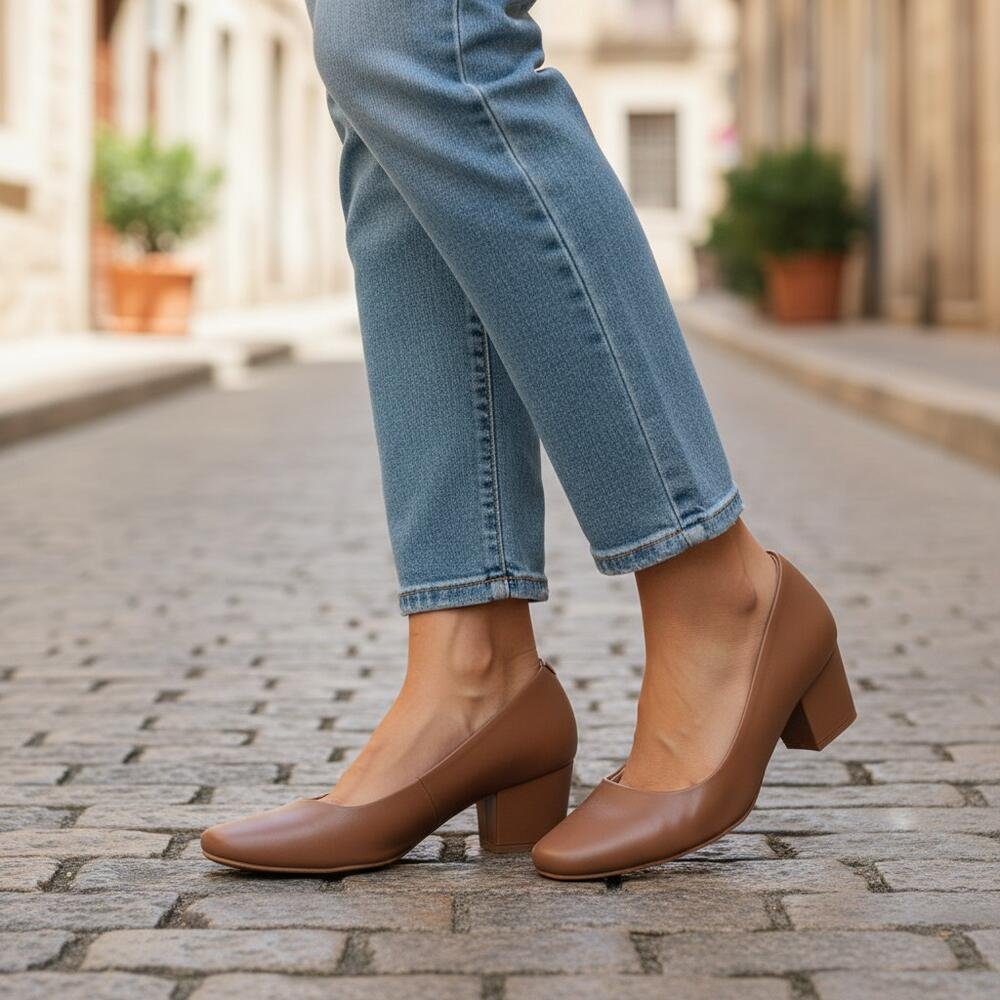SCARPIN FEMININO SALTO GROSSO USAFLEX Q6692 Marrom 2