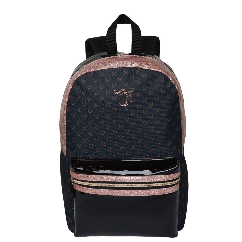 Mochila Grande Capricho Hello Preto e Dourado