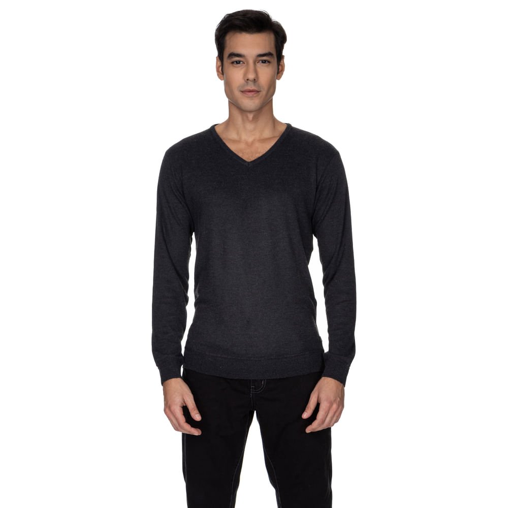 Suéter Em Tricot Básico Gola v Cinza