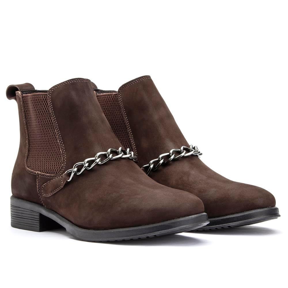Bota Chelsea Feminina Couro Cano Curto Corrente Conforto Marrom 1