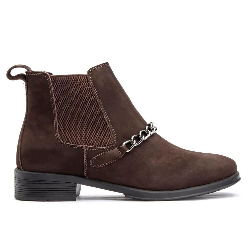 Bota Chelsea Feminina Couro Cano Curto Corrente Conforto Marrom 2