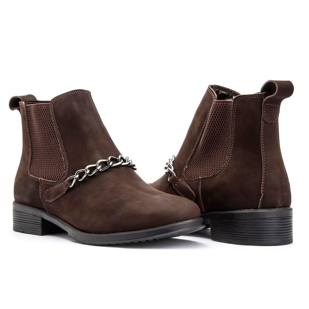 Bota Chelsea Feminina Couro Cano Curto Corrente Conforto Marrom 3