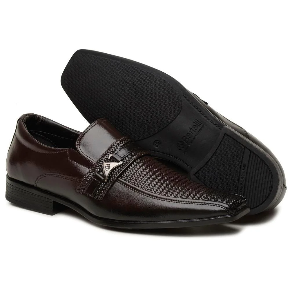 Sapato Social Masculino Textura Elástico Macio Confortável Marrom 2