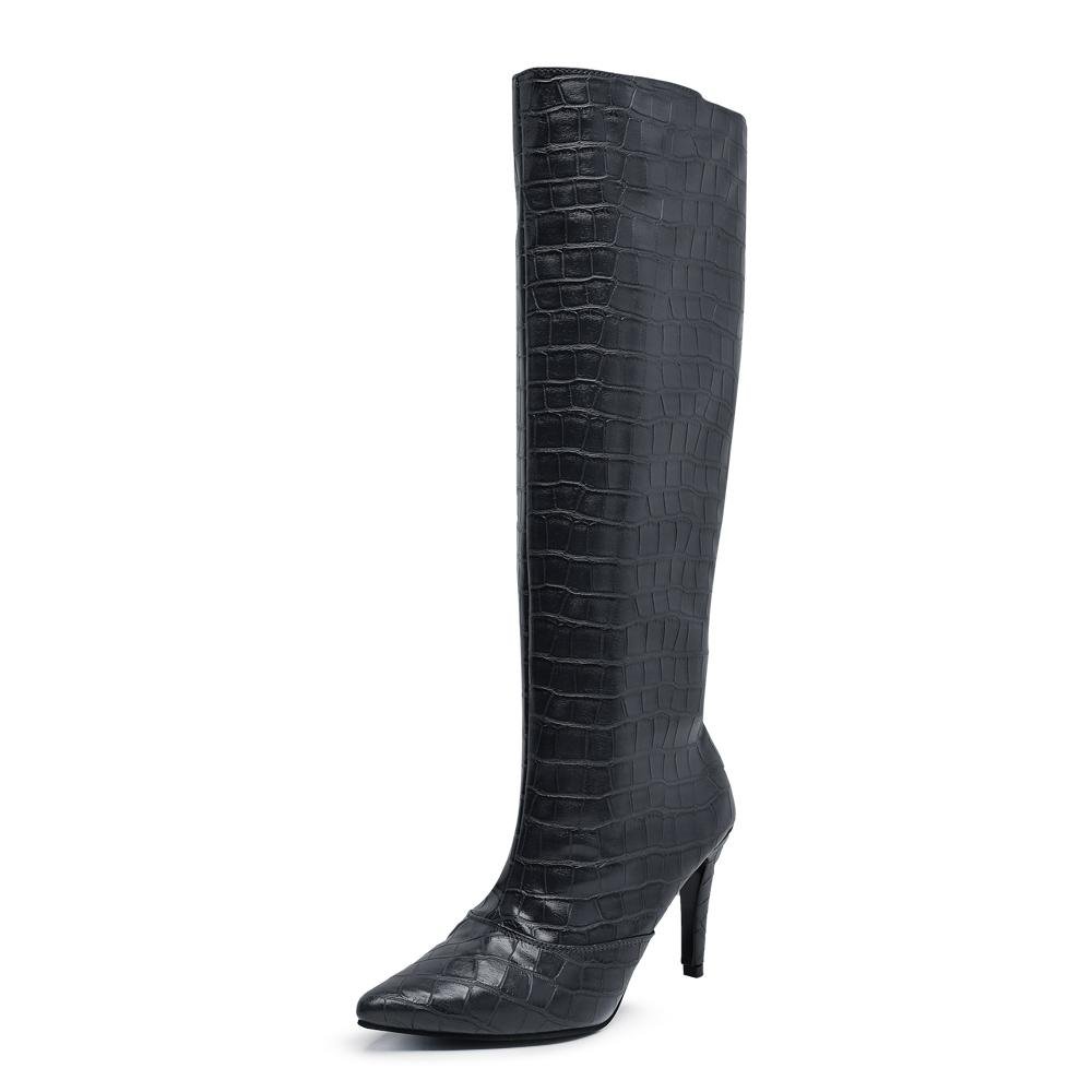 Bota Flor Da Pele Feminina Cano Alto Bico Fino Salto Zíper Moda Estilo Feminino Preto 2