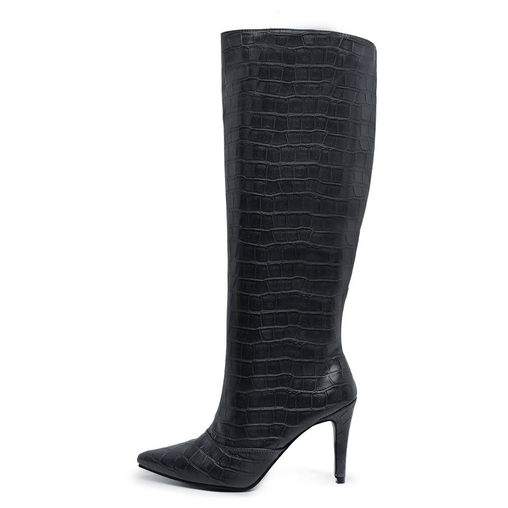 Bota Flor Da Pele Feminina Cano Alto Bico Fino Salto Zíper Moda Estilo Feminino Preto 3