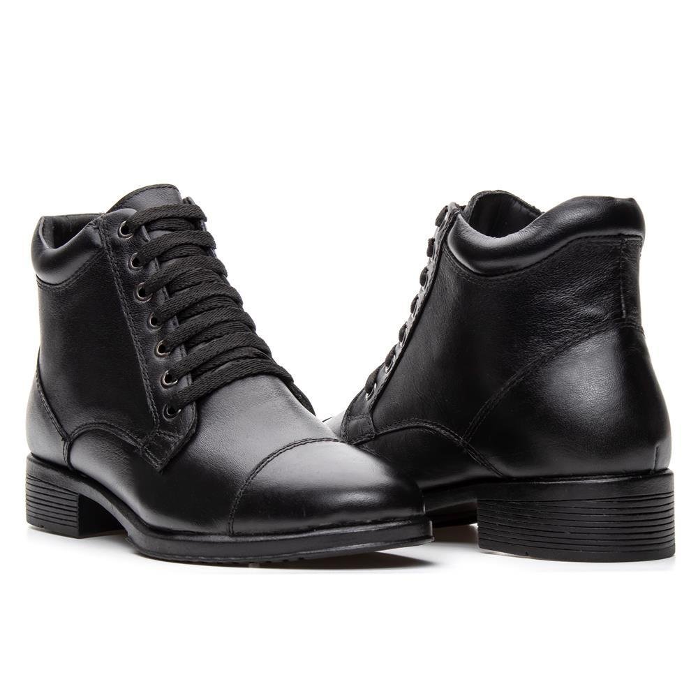 Bota Coturno Feminina Couro Cadarço Lisa Casual Moderna Preto 3