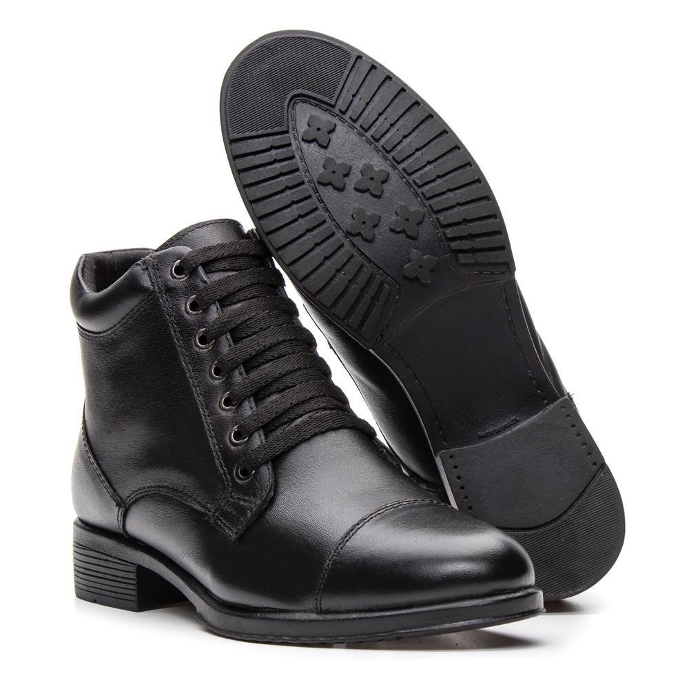 Bota Coturno Feminina Couro Cadarço Lisa Casual Moderna Preto 4