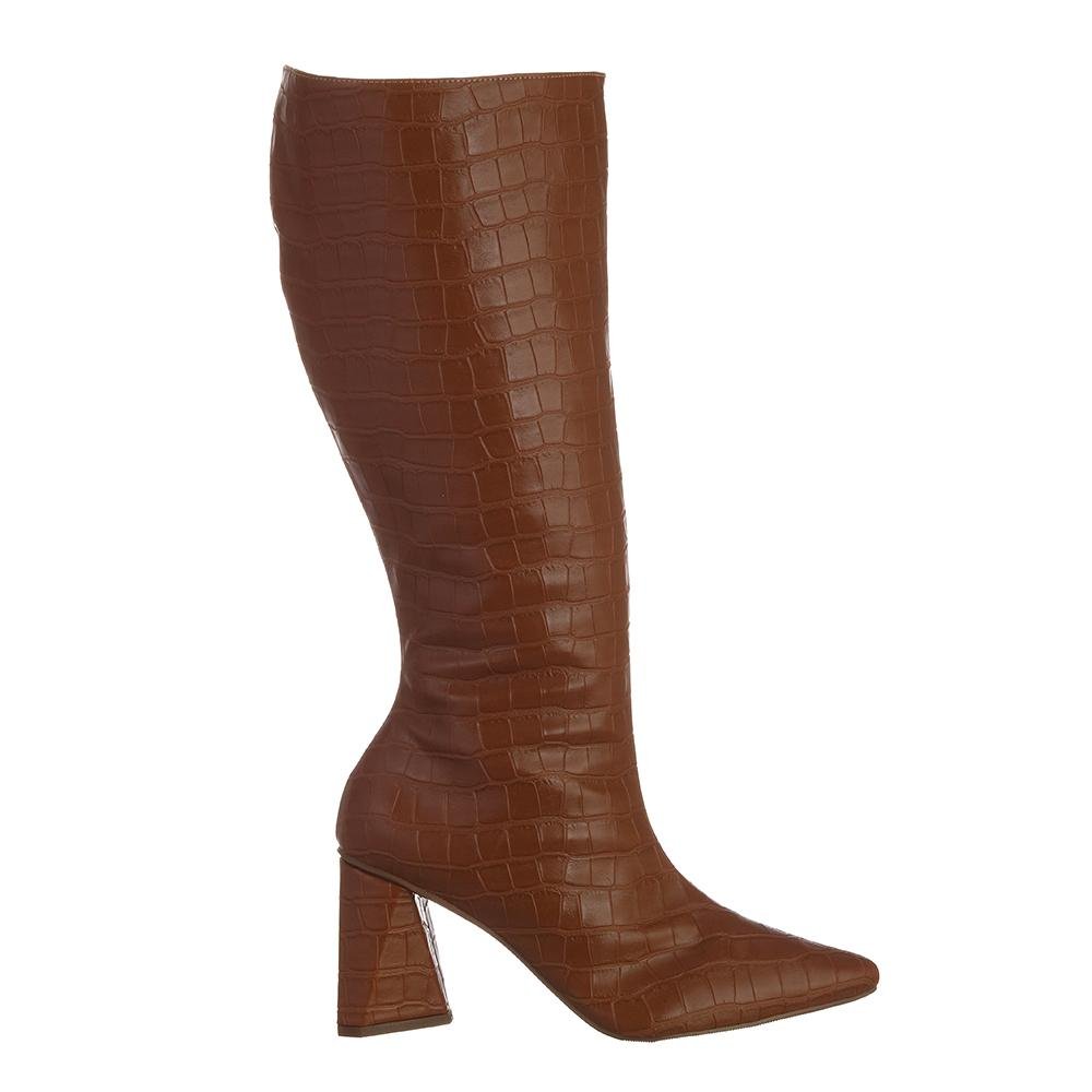 Bota Feminina Cano Longo Bico Fino Croco Zíper Marrom 1