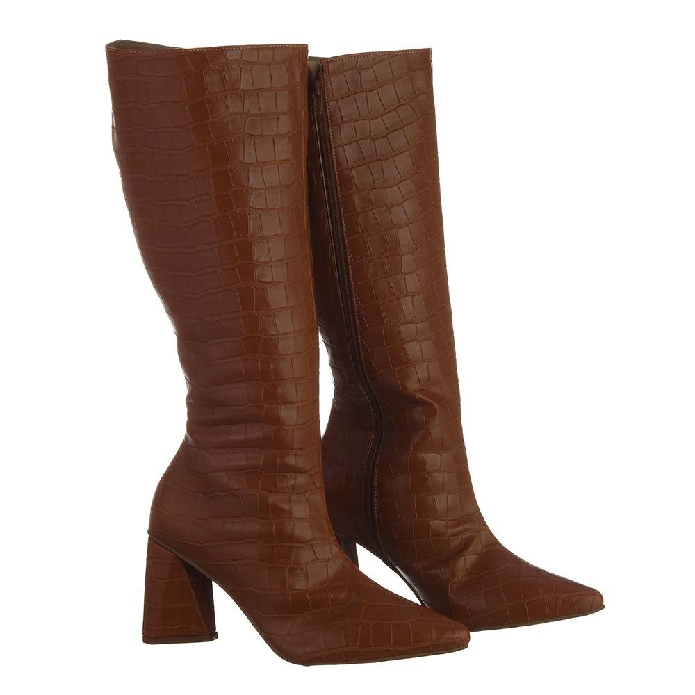 Bota Feminina Cano Longo Bico Fino Croco Zíper Marrom 2